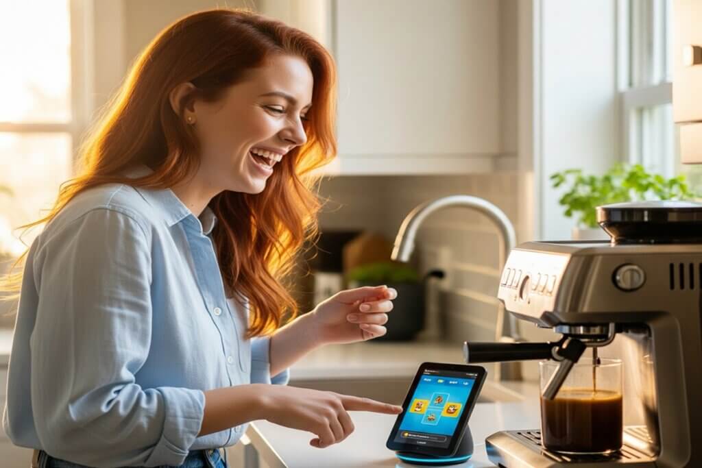 Woman making coffee while laughing at Alexa device without directly engaging with it