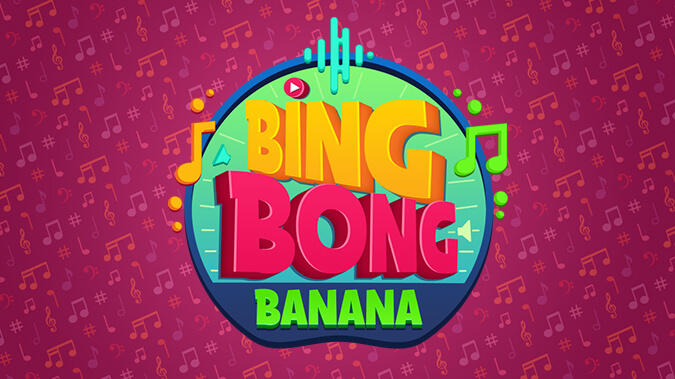 The Alexa mini game bing bong banana in it's iconographic fonts with musical notes on a burgundy background