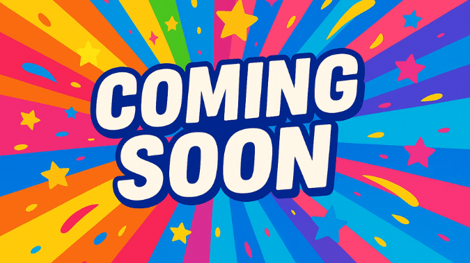 coming soon signage on colourful and poppy animated background