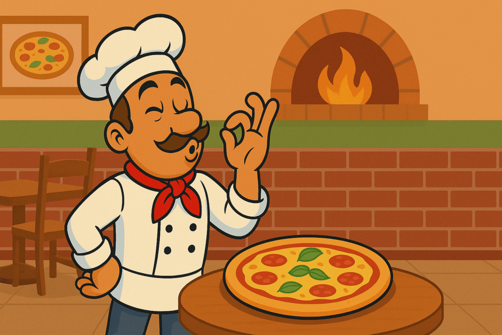 Gino the pizza chef in classic pizzeria doing a chefs kiss next to pizza