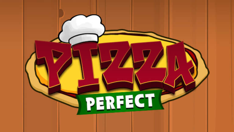 pizza perfect logo on wooden board background with a chefs hat on the I