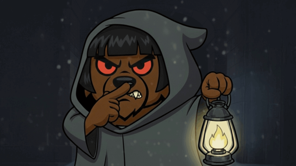 the werewolf from alexa games dressed as claudia winkleman from traitors