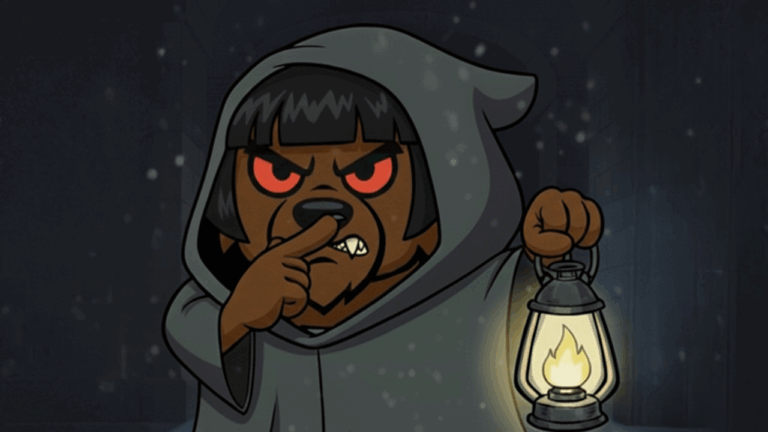 the werewolf from alexa games dressed as claudia winkleman from traitors