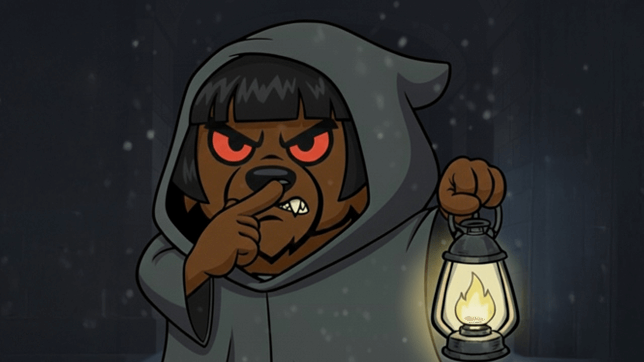 the werewolf from alexa games dressed as claudia winkleman from traitors