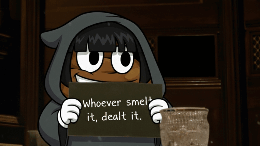 Mr Farts dressed up as Claudia Winkleman from the traitors at the round table with a placard that says 'whoever smelt it dealt it'