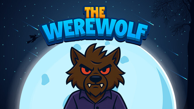 the werewolf, alexa game similar to traitors with wolf in front of full moon on cover